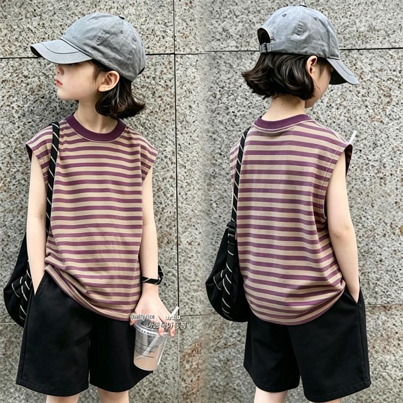 Girls' Color-Block Striped Tank Top Set - New Summer Arrival for Ages 6-12, Fashionable Sleeveless Design