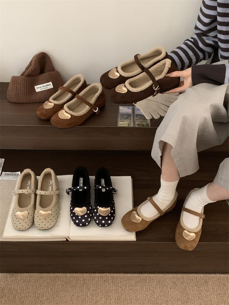 Französische Pailletten-Ein-Wort-Schnalle mit Samt-Mary-Jane-Einzelschuhen Damen 2025 Herbst und Winter neue Lammwolle flachsohlige Ballerinas