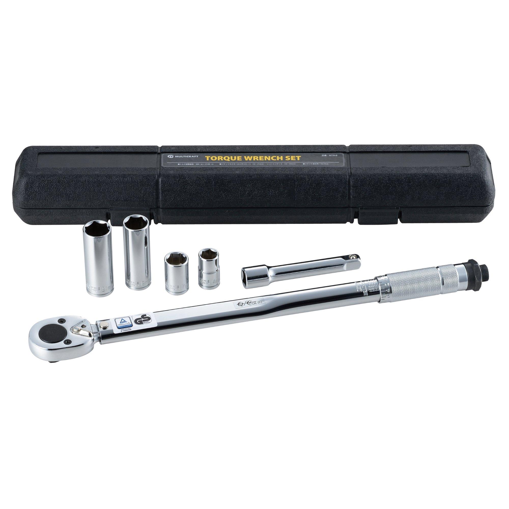 

KAKURI Torque Wrench Set with Storage Torque 125mm Extension Ratchet Multicraft for Tire and Bicycles Case, 28-210 N.m Range, 14/17/19/21mm Sockets,