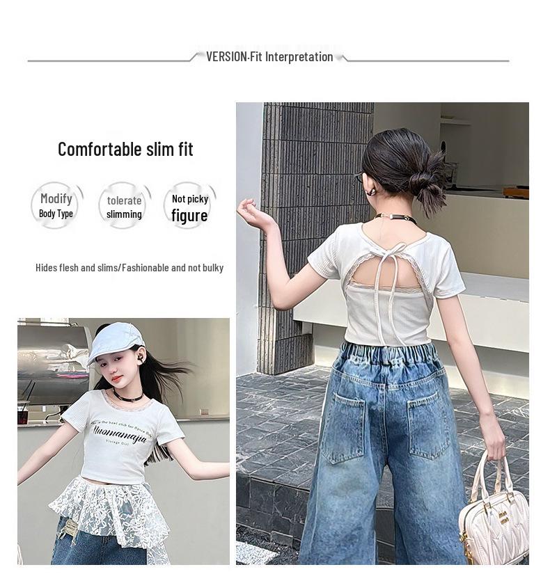 Girls' Trendy Backless T-Shirt & Jeans Set with Lace Jazz Dance Cover