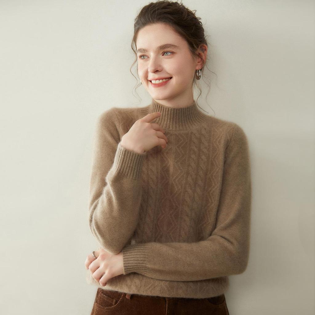 Women's Cashmere Half-High Neck Sweater, Autumn/Winter 2025, Seven-Needle Cable Knit, Loose Fit, Versatile Pullover.
