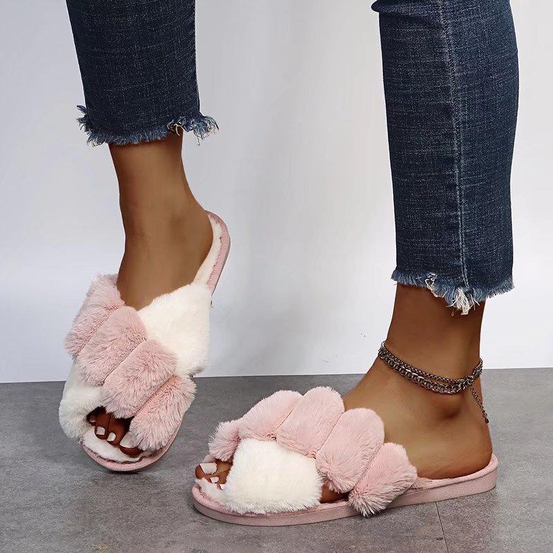 Fashion Hot Sale Cross Straps Double Straps Plush Slippers Sexy Leopard Soft Sole Floor Shoes Home Non-slip Warm Lightweight Flip Flops