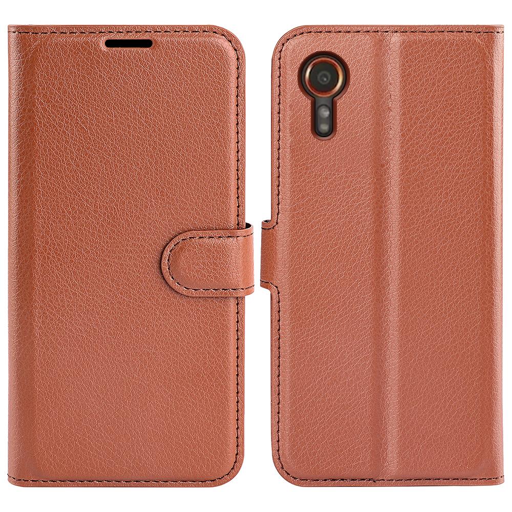 

For Samsung Galaxy Xcover7 Litchi Texture PU Leather Wallet Case Card Slot Stand Phone Cover Brown