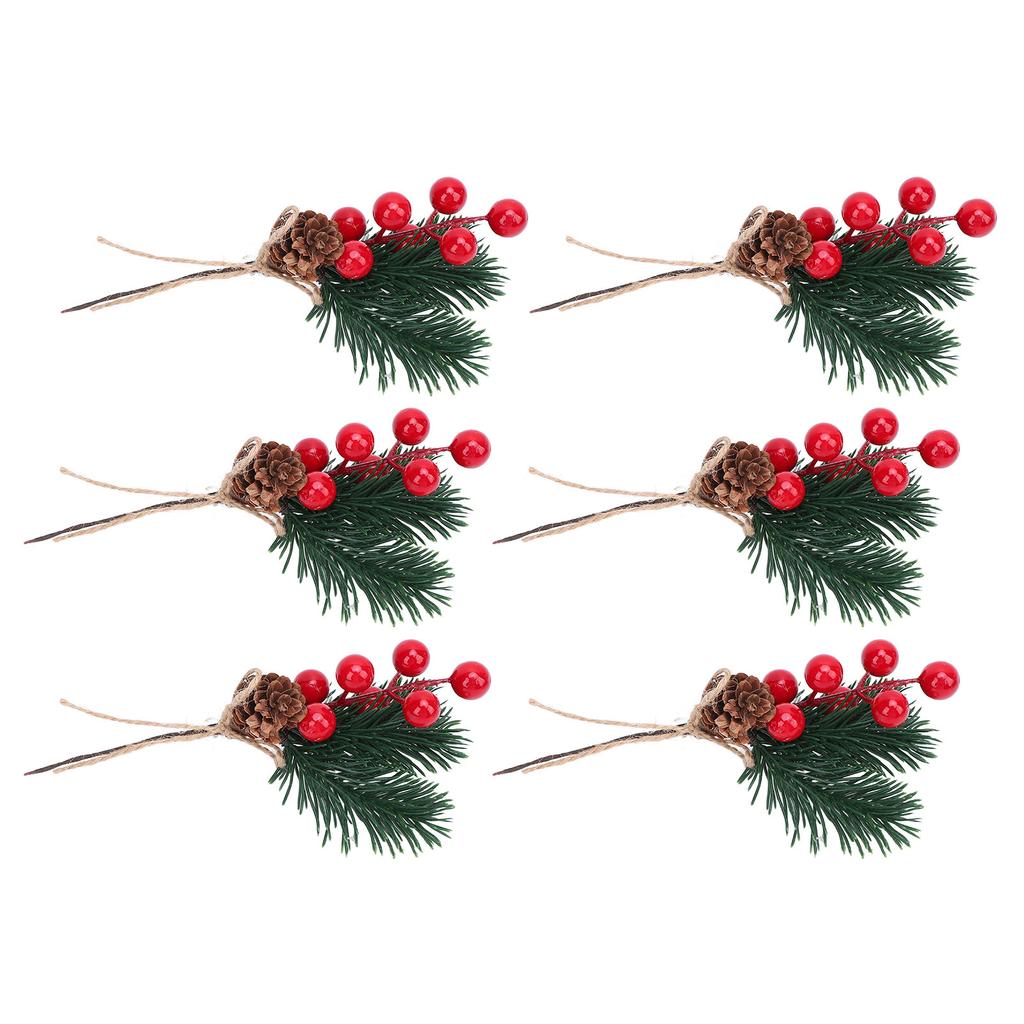 6PCS Artificial Pine Branches with Red Berry and Cone Decorative Pine Needle Picks for Garden