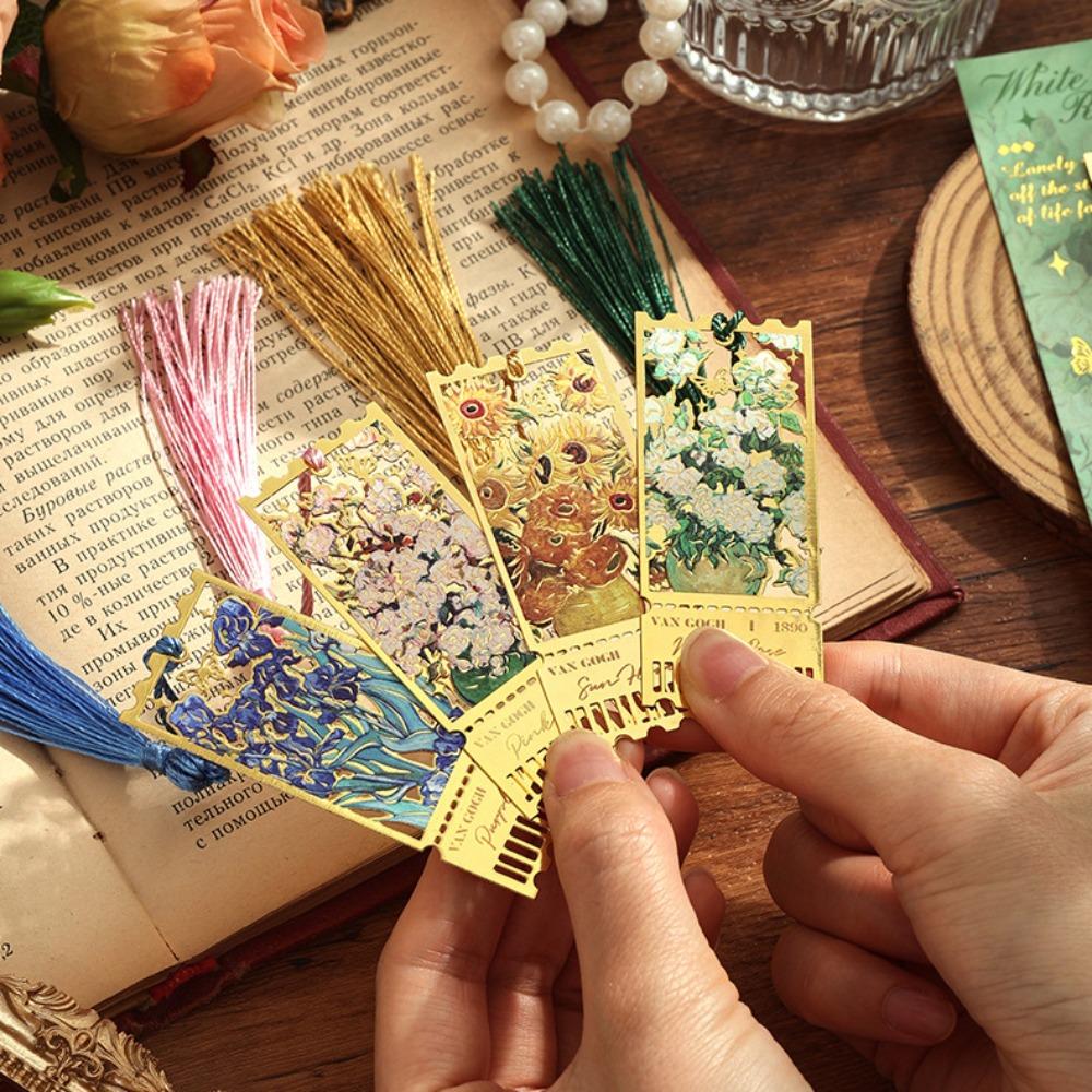 Retro Metal Metal Bookmark Oil Painting Style Famous Painting Floral Painting Bookmark Tassels Stationery Book Clip Teacher