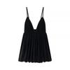 2025 Autumn/Winter European Velvet V-Neck Spaghetti Strap Puffy Mini Dress Gown for Women