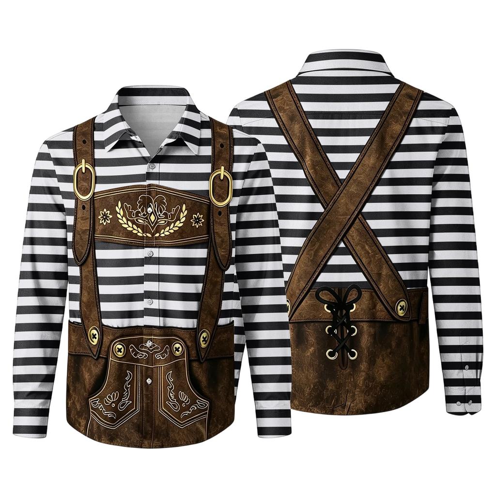 Herren Oktoberfest 3D-Druck Locker geschnitten Langarmhemd mit Reverskragen Vintage Lässig Outdoor Festival Party Atmungsaktives Oberteil
