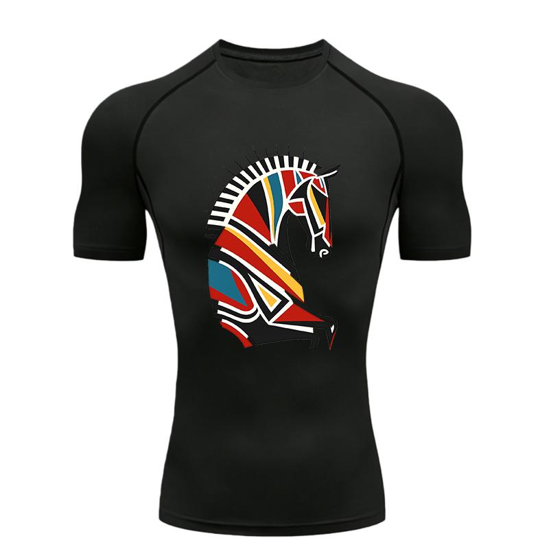 Pferdekopf Muster Herren Sport T-Shirt Training Fitnessstudio Joggen Laufen Workout Kompressions Kurzarm T-Shirt