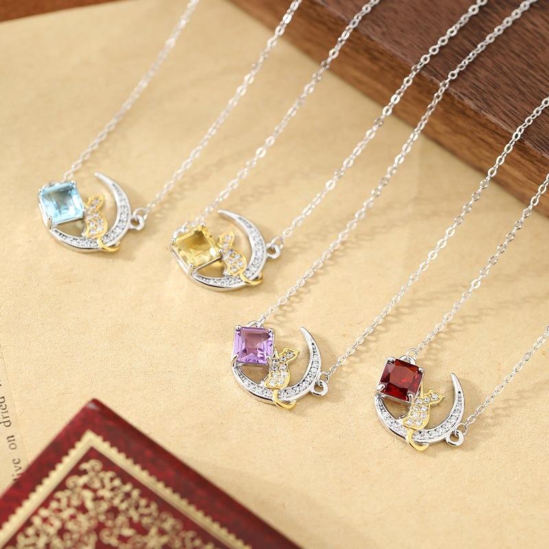S925 Sterlingsilber Mond Stern Halskette für Damen Naturstein Anhänger Süße Katze Schlüsselbein Kette Mode Retro Schmuck Geschenk