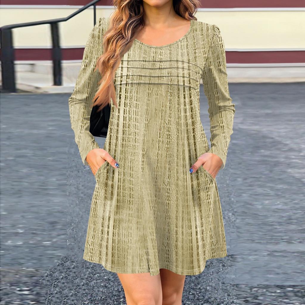 Women's Long Sleeve Dress Fall Casual T Shirt Loose Fit Pleated Front Dresses With Pockets