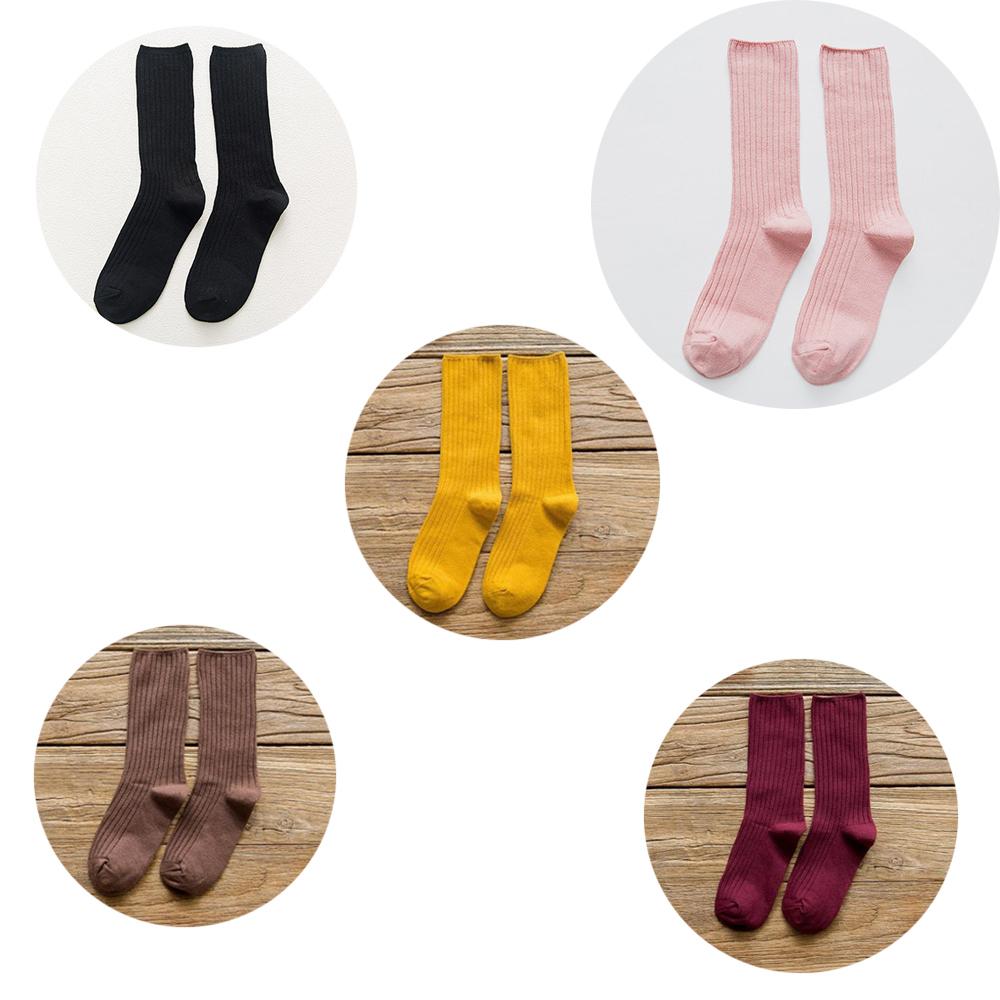 5 Pairs Solid Ribbed Crew Socks Women Mixed Color 4 Seasons Fit Loose Socks Set Daily Basic Sox
