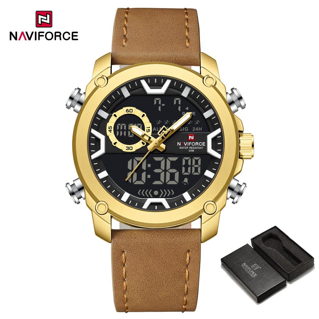 NAVIFORCE Original Men Quartz LCD Digital Watch Leather Strap Waterproof Luminous Pointer Calendar Date Men Boys Casual Watch NF9261