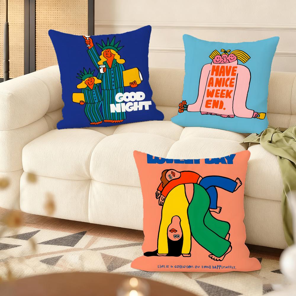 Flat Illustration Cushion Cover Silky Short Plush Home Sofa Cushion Cover - Invisible Zipper Home Decoration