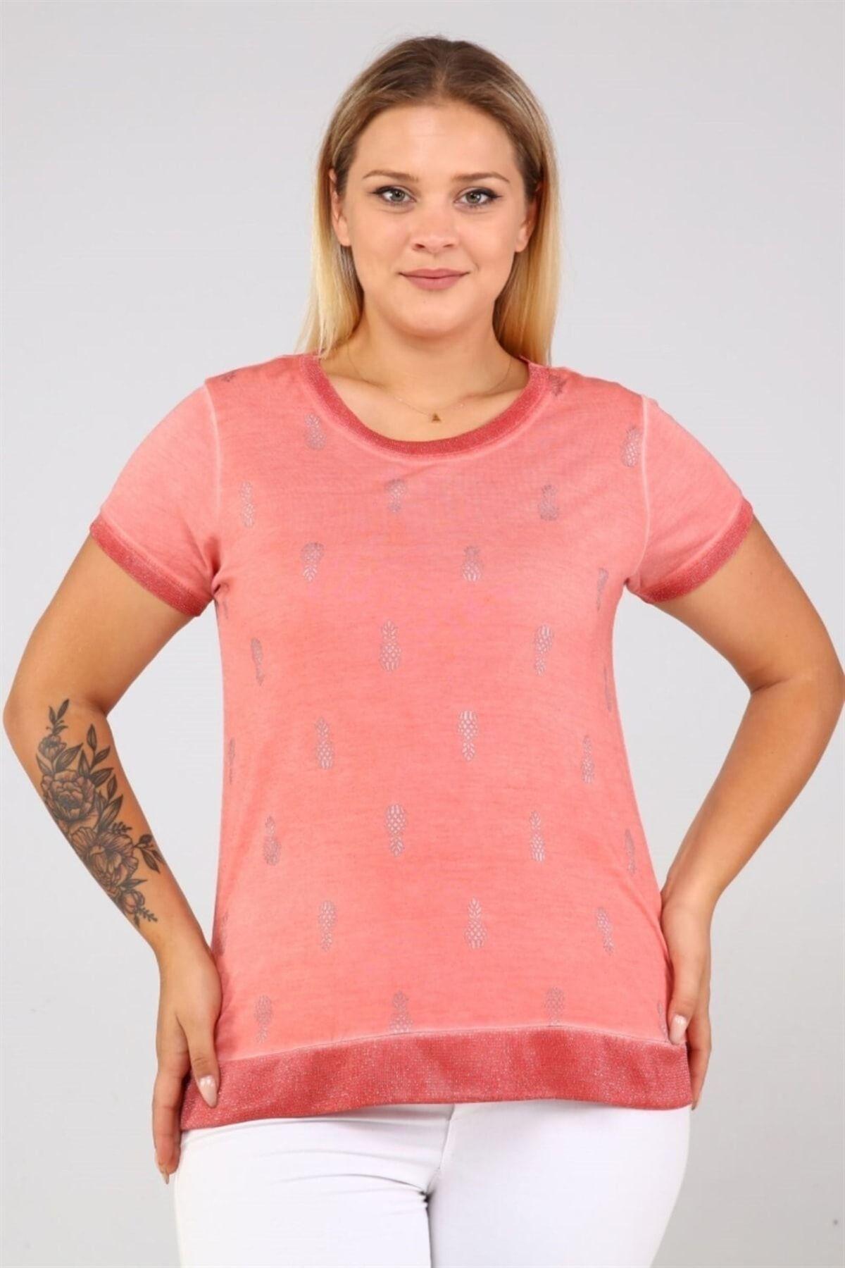 

Women s Style Big Size T-Shirt Pineapple Printed Tshirt With Glitter Detail On Collar And Hem - Light Tile L