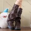 Fashion 2025 Punk Style Splicing Thick Bottom Women Knee-High Boots Fashion Zipper Female Pleated Knight Long Booties Shoes