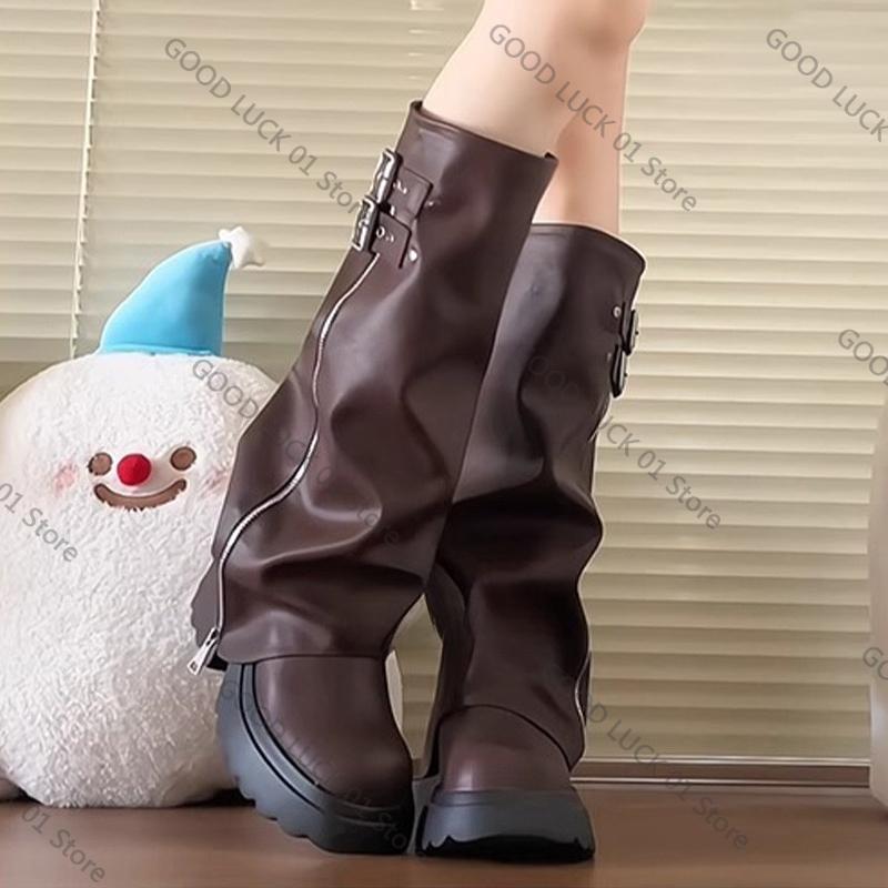 Fashion 2025 Punk Style Splicing Thick Bottom Women Knee-High Boots Fashion Zipper Female Pleated Knight Long Booties Shoes