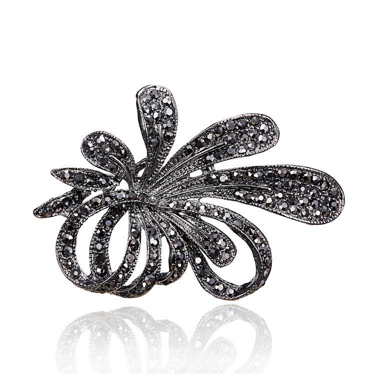 Retro Gunmetal-Plated Black Gem Brooch Pin Zhenyao Jewelry