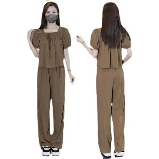 Women's Summer 2024 Slimming Square Neck Wide-Leg Pants Set - Fashionable, Age-Reducing, Small Size Two-Piece Outfit.