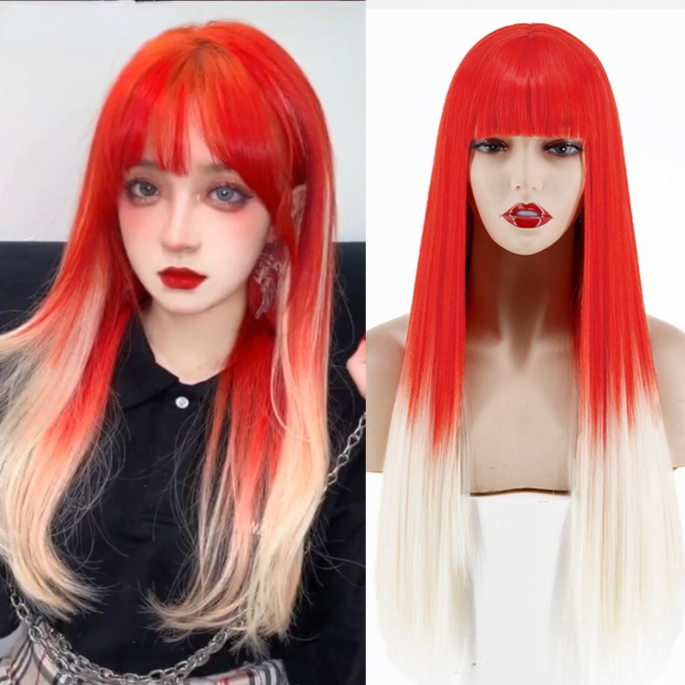 MERISIHAIR Brown Long Straight Wig with Blunt Bangs Synthetic Heat Resistant Fiber Wig for Women Daily Wear