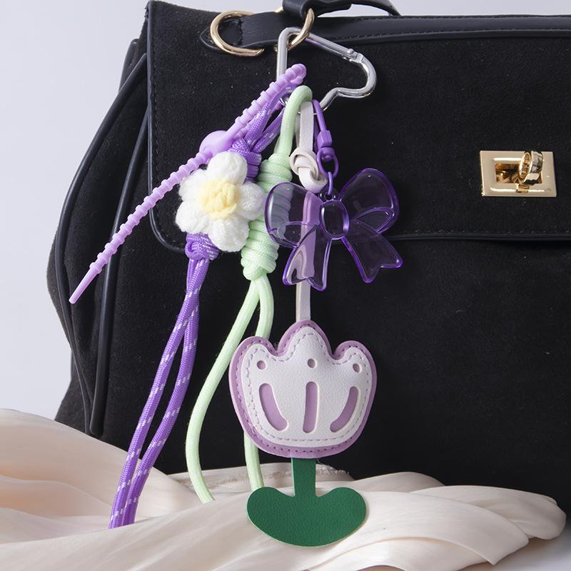 

1 шт. Кожаный кулон-рюкзак Тюльпан , DIY украшение, креативное плетение веревкой, 3D цветок, брелок, аксессуары для сумки фиолетовый