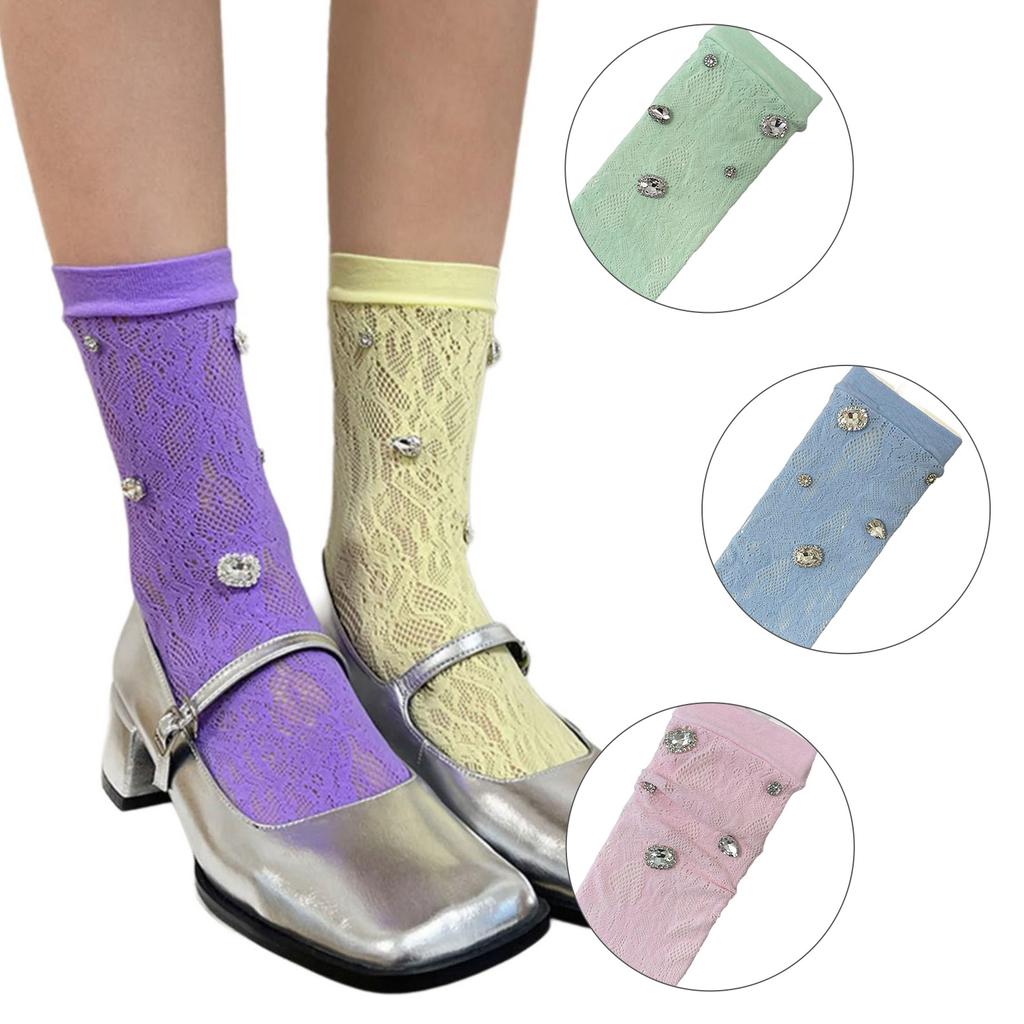 Sweet Crystal Crew Socks Sheer Summer Meshes Socks Princesses Ankle Dress Socks
