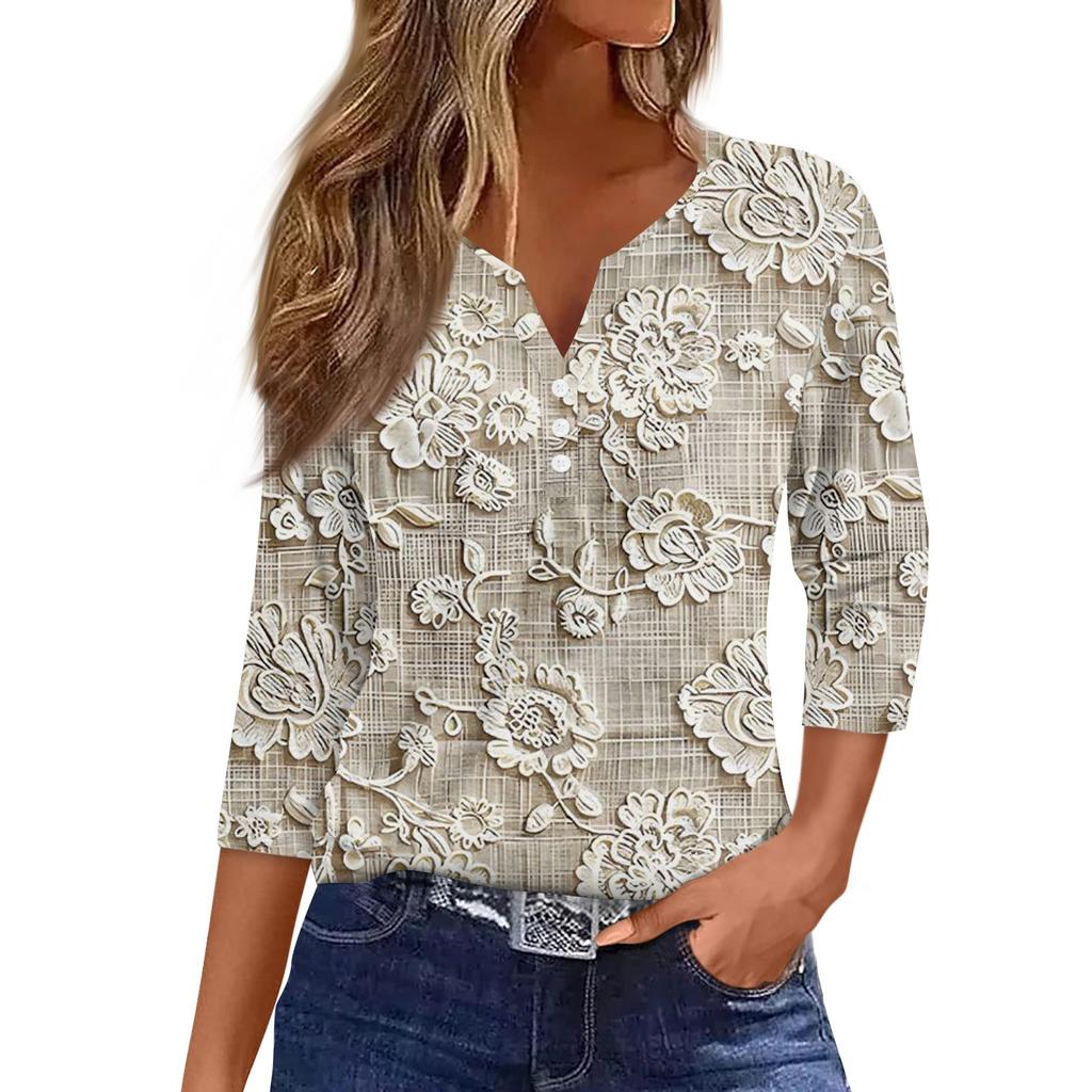 Women's T Shirt Tee Print Button 3/4 SleeveDaily Weekend Fashion Basic V- Neck Regular Top