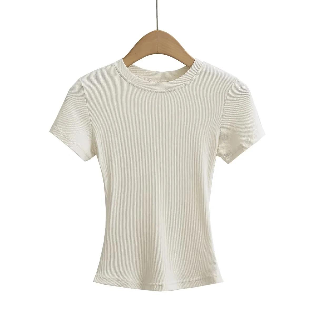 

2025 г., женская футболка с короткими рукавами и застежкой-молнией в американском стиле, с круглым вырезом, эластичная, обтягивающая L слоновая кость