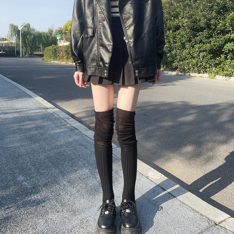 Japanese Women Elastic Over Knee Socks Student Slouch Top Rib Knit Long Stocking
