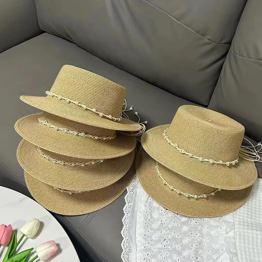 Small Pearl Woven Bow Flat Top Hat Women's Summer Sun Protection Straw Hat Small Brim Basin Hat Sunshade Travel Top Hat
