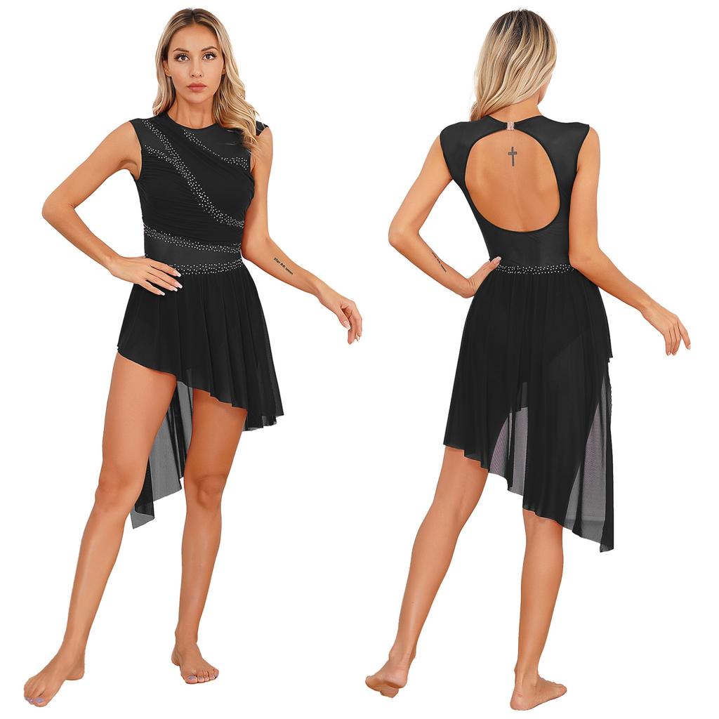 Frauen Lyrical Dance Kleid Strass Sheer Mesh Tüll Flowy Trikot Eiskunstlauf Tanz Kostüm