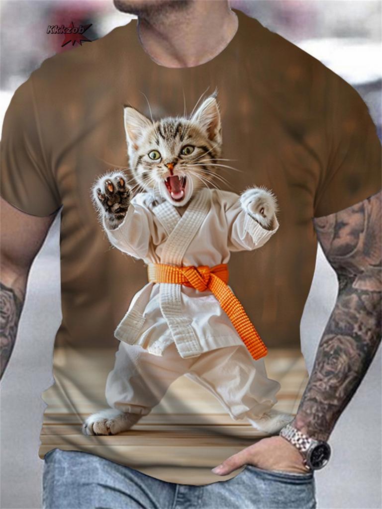 Men's 3D Samurai Cat Graphic Animal Printed T-Shirt Summer Fashion Casual Outdoor Round Neck Short Sleeved T-Shirts for Men