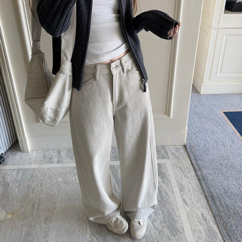 

2026 Women s Oatmeal Grey Denim Wide-Leg Casual Loose-Fit Winter Pants Large