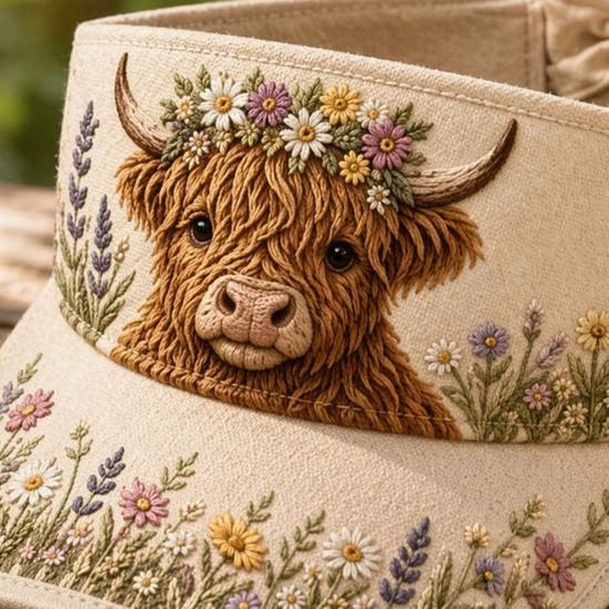 Retro Style Sun Hat, Rustic Highland Cow Floral Print Summer Hat, Lightweight Empty Top Hat for Spring Summer Outdoor Activities Morning Walks