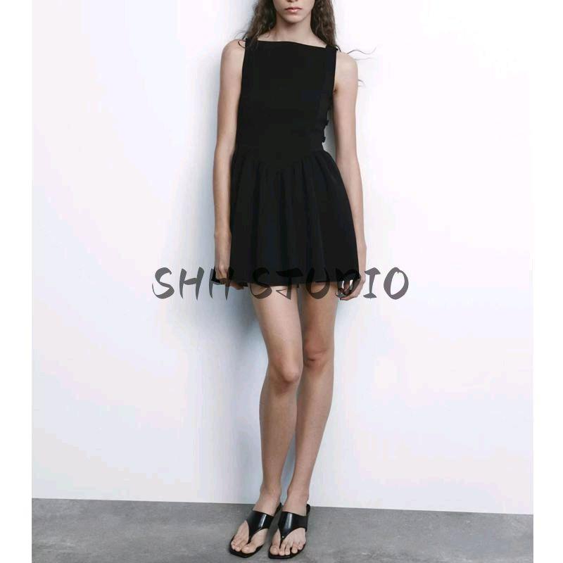Spring New Women clothes Pure Desire Wind Pleated Skating Model Boat Neck Slim fit Sleeveless Short Dress 5584320