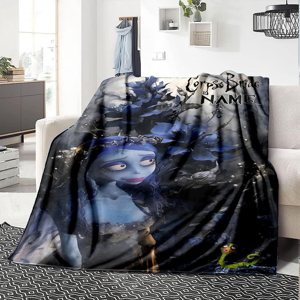 Corpse Bride Surrounded By Dark Blue Flowers With A Small Green Creature In The Corner Gift Personalized Blanket Customize Text Comfortable Versatile