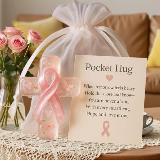 Pink Pocket Hug Token Breast Cancer Awareness Keepsake Transparent Prayer Token with Pink Ribbon Emotional Support Gift for Loved Ones