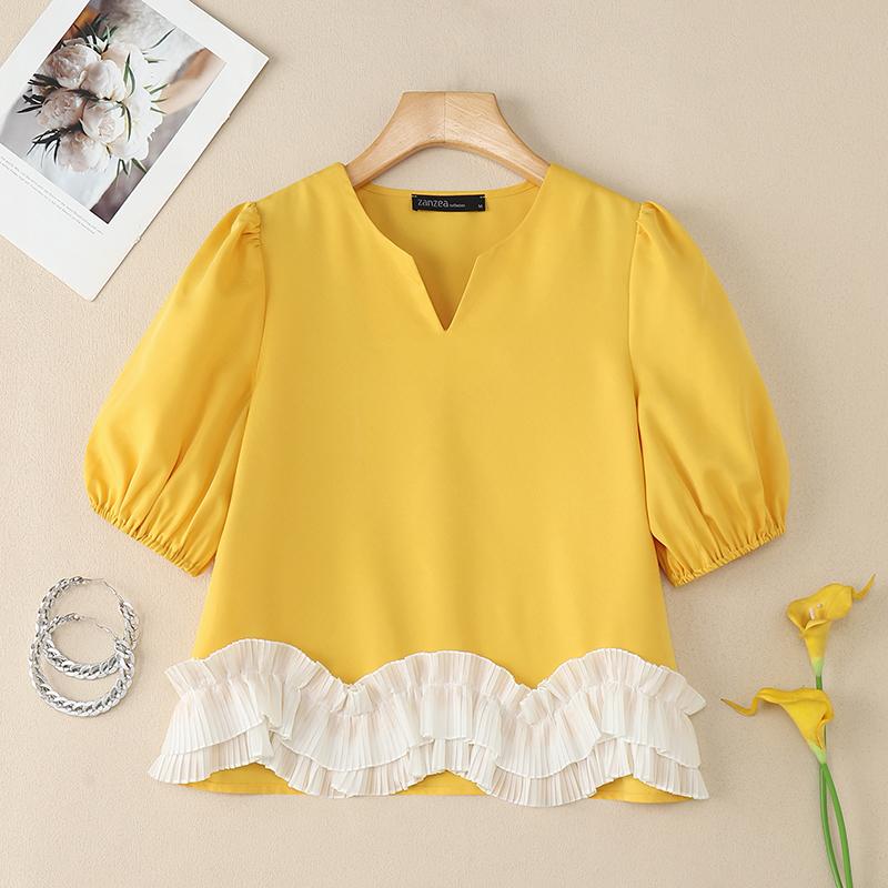 ZANZEA Women Casual V-Neck Summer Short Sleeve Splice Blouse