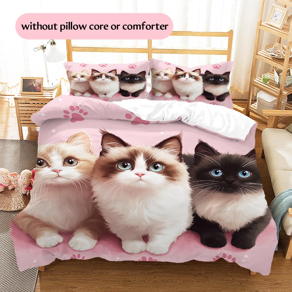 Pink Ragdoll Cat Pattern Bedding Home Decoration Birthday Gift (1 * duvet cover + 2 * pillowcase, without core) 135x200cm