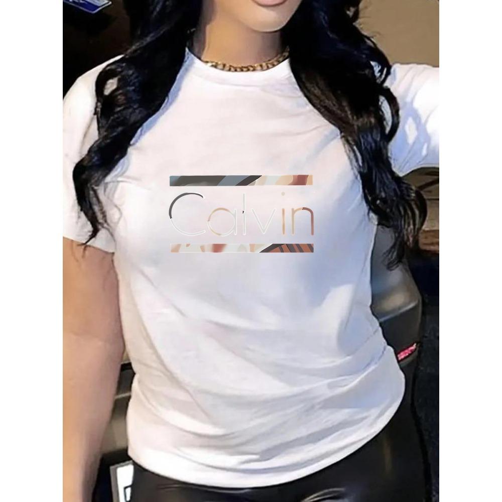 Calvin Pattern Round Neck Women's T-shirt Short Sleeve Fashion Printed Short Sleeve
