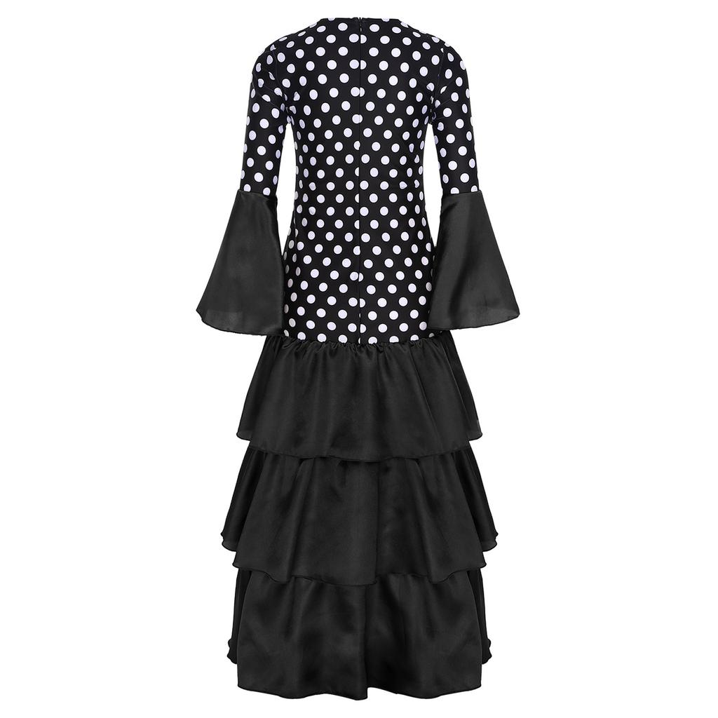 Girls Spanish Flamenco Dress Polka Dot Print Tiered Ruffles V Neck Dancewear