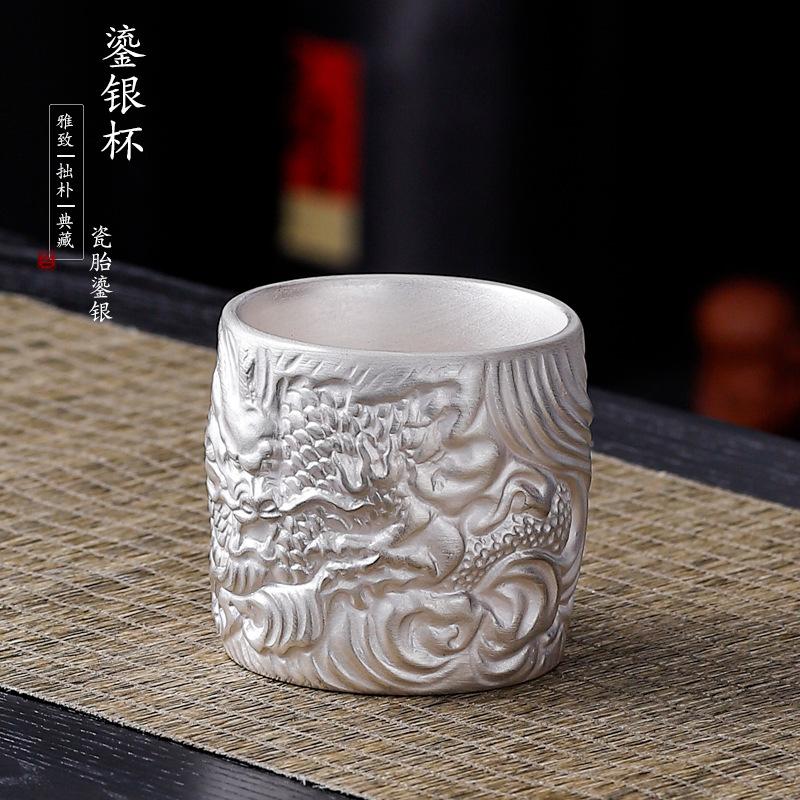 999 Pure Dragon and Phoenix Auspicious Pair Set, Gilded Silver Master Single Tea Cup Gift Box