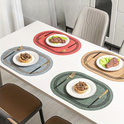 2 ovale Tischsets mit Stoffmuster, bedruckte Wärmedämmmatten, Esstischmatten, hochwertige hitzebeständige Tischsets, nordische Ledertischsets