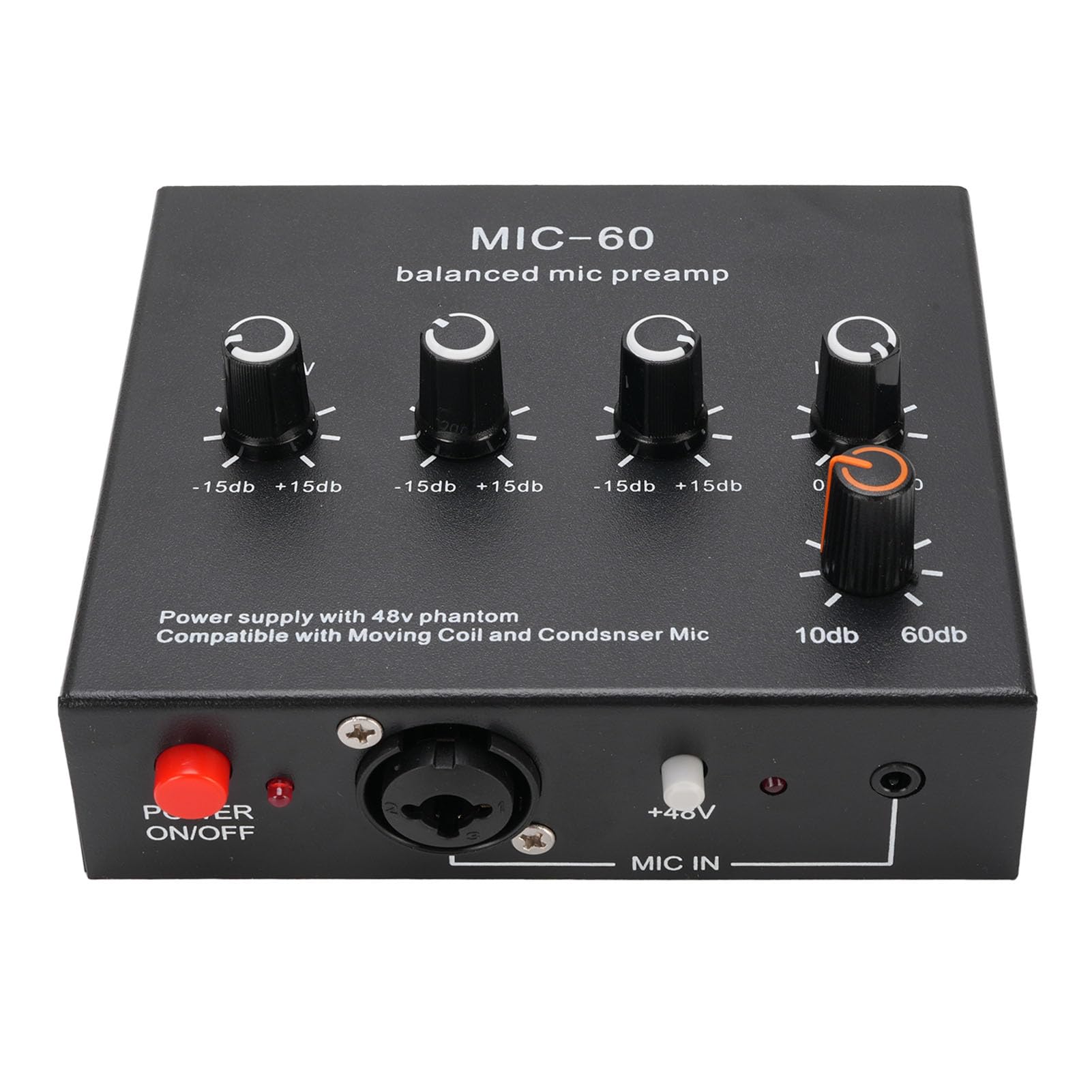 

Microphone Preamp Booster, Home Audio Power Amplifier with 3 Inputs, 60dB Gain and 48V Phantom Power, Small Stereo Audio Preamp for Dynamic and