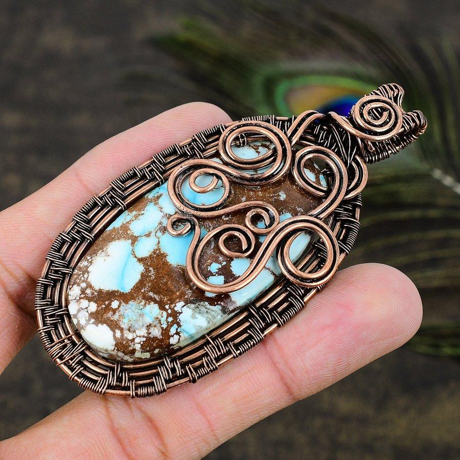 Tibetan Turquoise Gemstone Copper Wire Wrap Jewelry Pendant 3.27