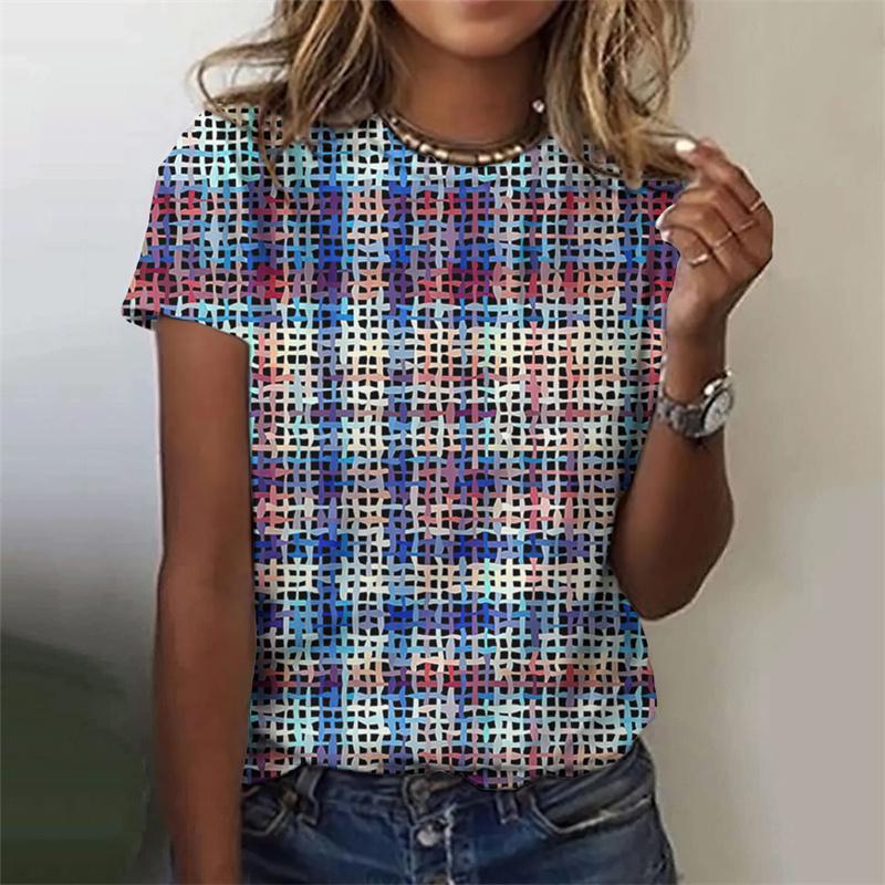 Tricou în carouri amuzant imprimat 3D pentru femei Tricouri grafice cu geometrie colorată Vară Harajuku Topuri cu gâtul O Tricouri cu mâneci scurte