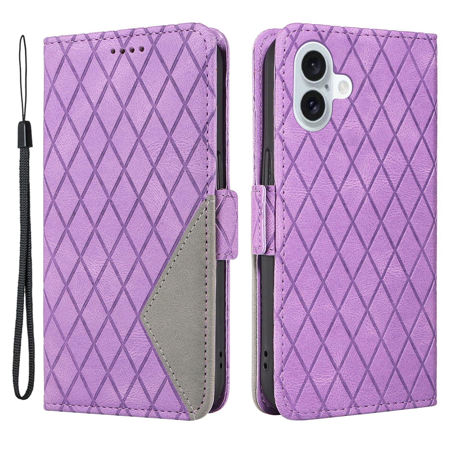 

For iPhone 16 Plus Case Rhombus Grid Leather Wallet Phone Cover Light Purple