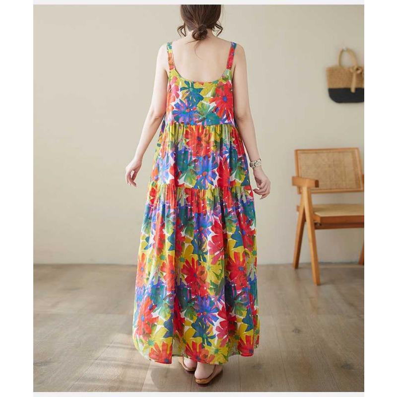 Cotton and Linen Printed Patchwork Long Skirt with Suspender and Large Cake Skirt for Women