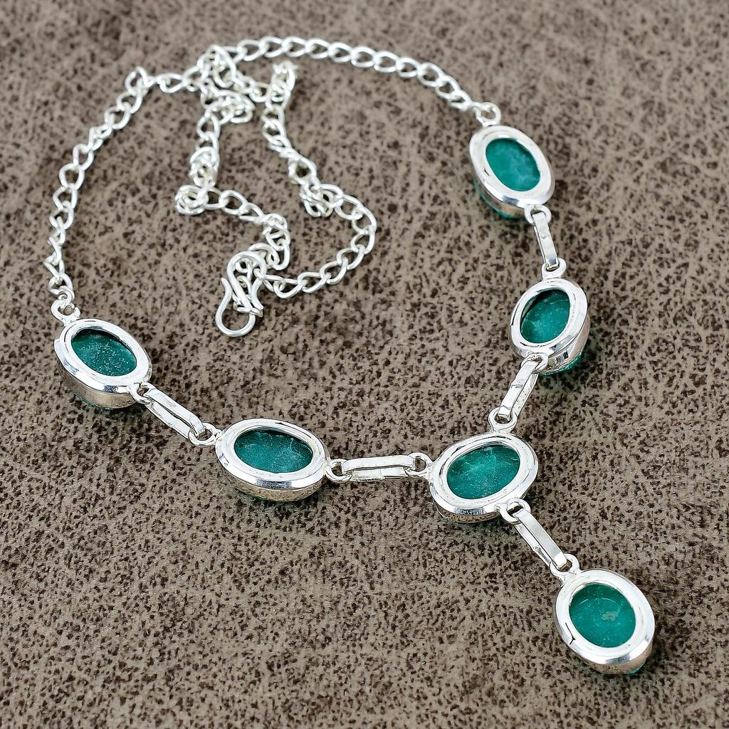 Green Jade Gemstone Handmade 925 Sterling Silver Jewelry Necklace 18" KKG-401
