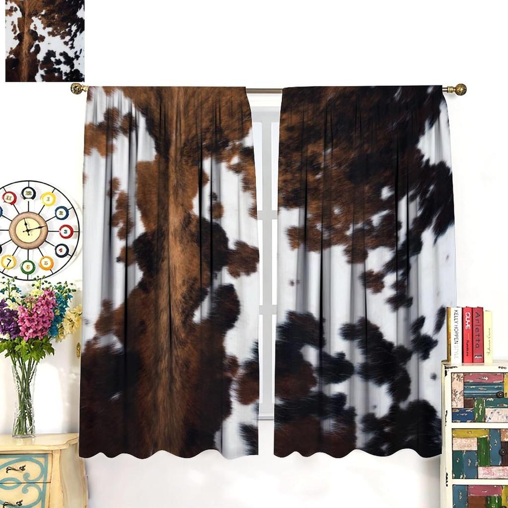 Cow Print Blackout Curtain,Brown White Cowhide Animal Fur Western Rustic Farmhouse Style Window Treatments Rod Pocket Curtain for Bedroom Living Room