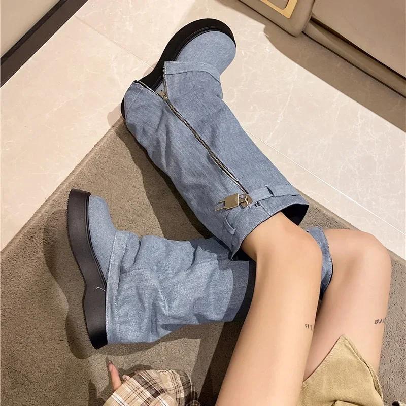 Fashion Women Pleated Chunky Platform Knee High Denim Boots Women Thick Bottom Wedge Western Boots Side Zipper Cowgirl Botas 2024